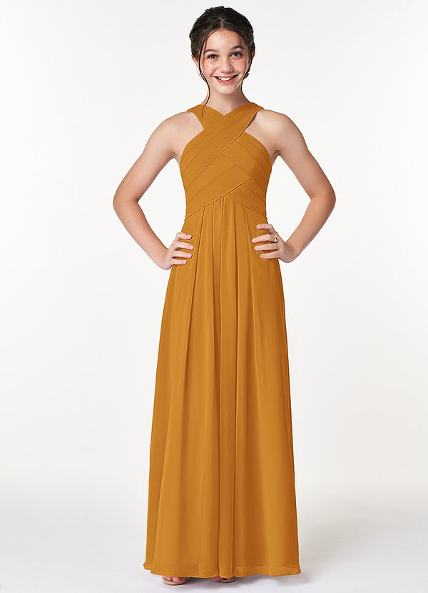 Azazie Kaleigh Junior Butterscotch A-Line Pleated Chiffon Dress image1