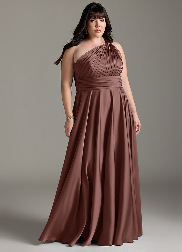 Azazie Charlize Bridesmaid Dresses Espresso A-Line One Shoulder Stretch Satin Dress image1