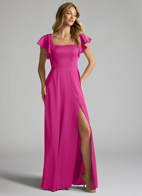 Azazie Bondi Bridesmaid Dresses Fuchsia A-Line Bow Stretch Satin Dress image1