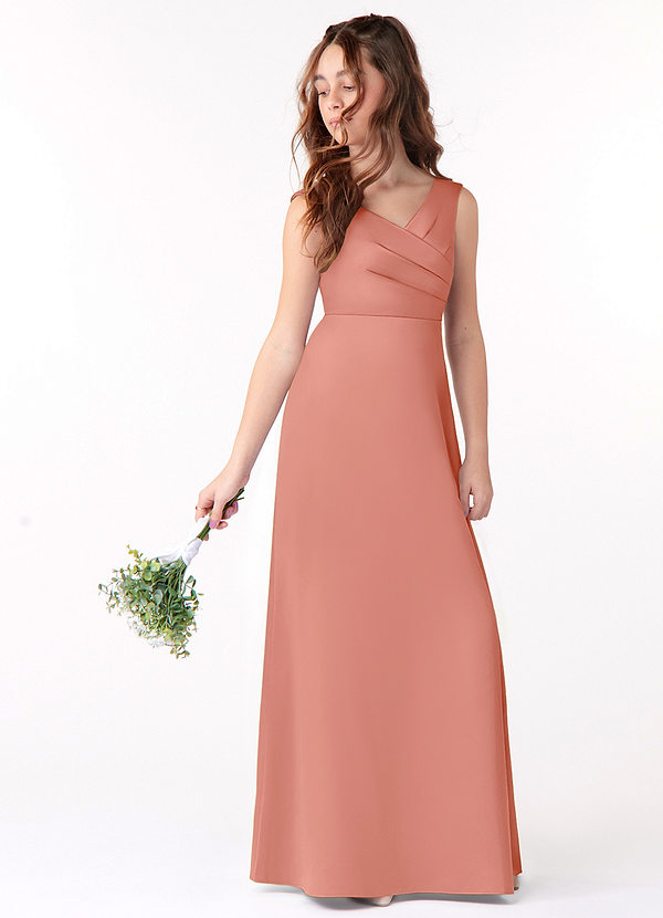 Azazie Sadia Junior Coral A-Line Pleated Stretch Satin Dress image1