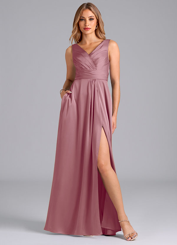 Azazie Karina Robes de demoiselle d'honneur Robe Trapèze en Satin extensible Plissée Mauve Vintage image1