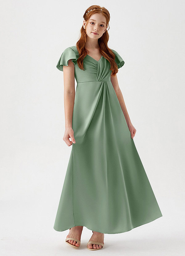 Azazie Soren Junior Abito A-Line in Raso Elasticizzato Increspato Matcha image1
