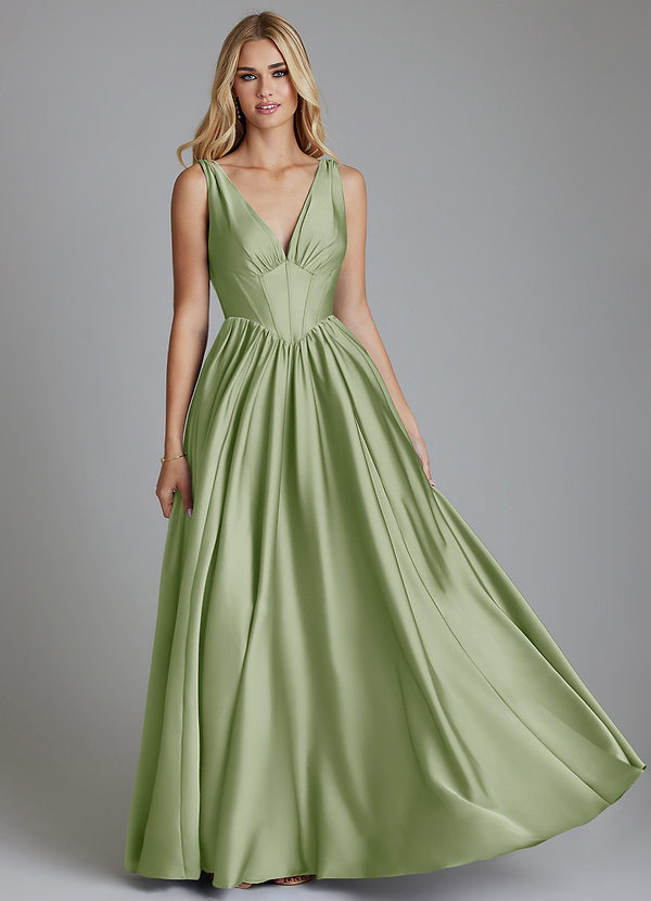 Azazie Delmie Robes Demoiselle d'honneur Robe Trapèze en Satin extensible Corset Vert Sauge image1