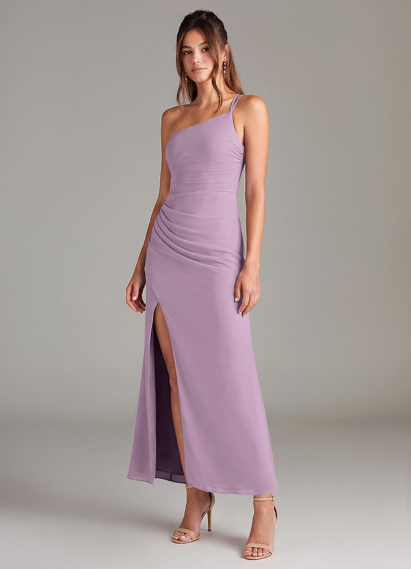 Azazie Eren 신부 들러리 드레스 인어 한쪽 어깨 쉬폰 발목 길이 드레스 image1