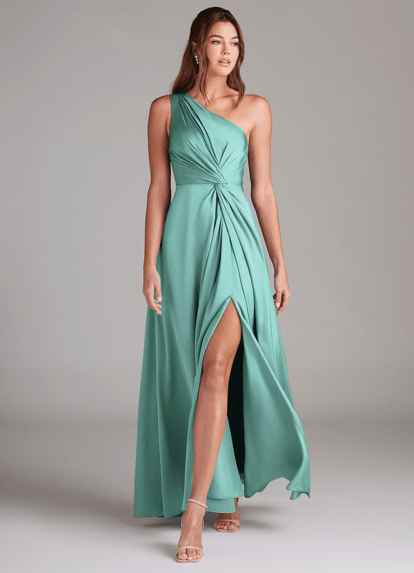 Azazie Brooke Bridesmaid Dresses Aqua A-Line One Shoulder Stretch Satin Dress image1