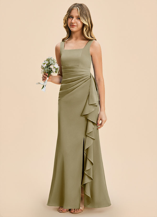 Azazie Adrienne Junior Moss Green Sheath Pleated Stretch Satin Dress image1