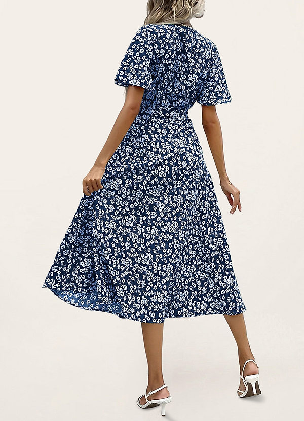 back Robe Portefeuille Bleu Marin à Imprimé Floral