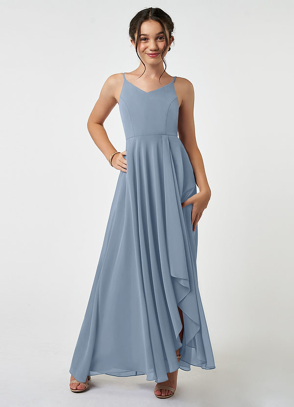 Azazie Collette Junior Dusty Blue A-Line Ruched Chiffon Dress image1