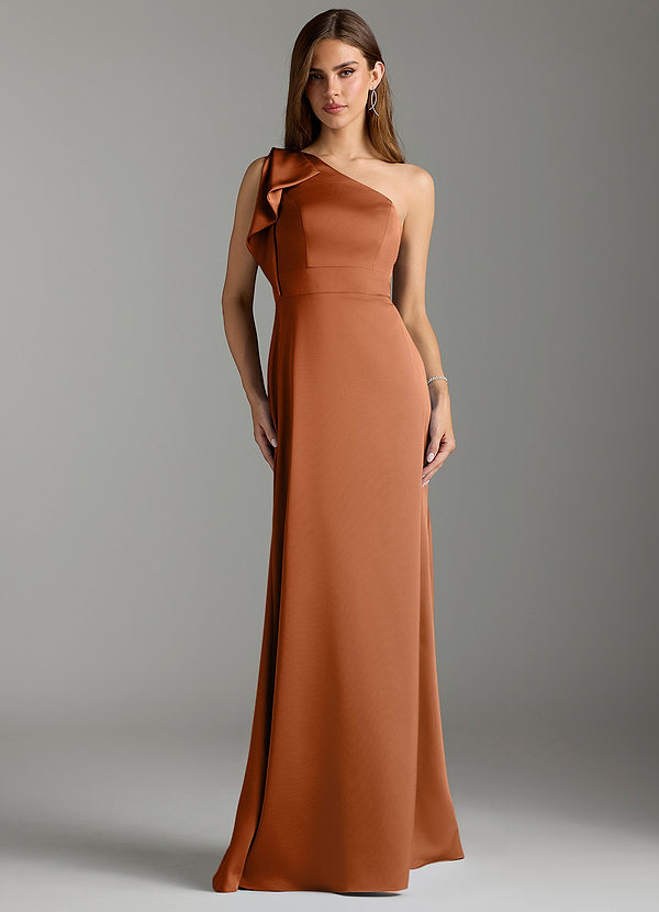 Azazie Rinna Bridesmaid Dresses Copper Mermaid Ruched Stretch Satin Dress image1