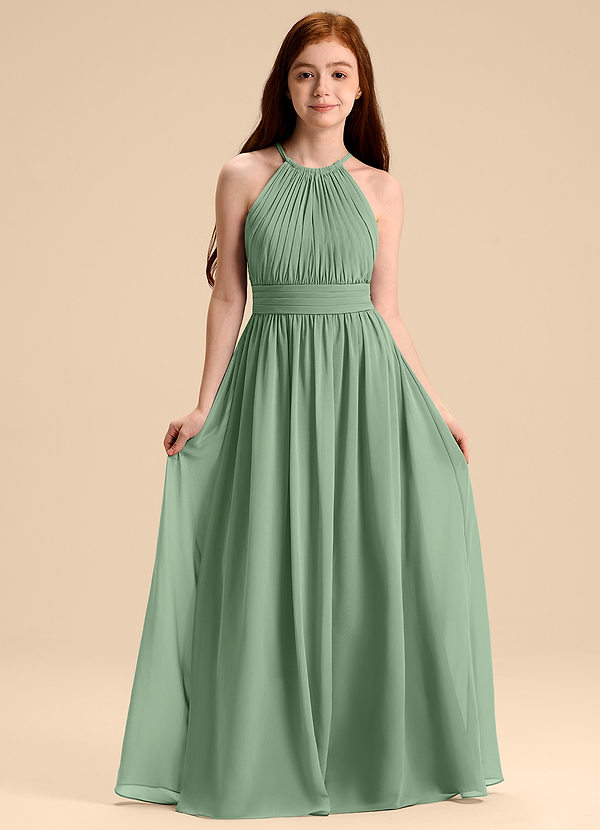 Azazie Malone Junior Abito A-Line in Chiffon Plissettato Matcha image1