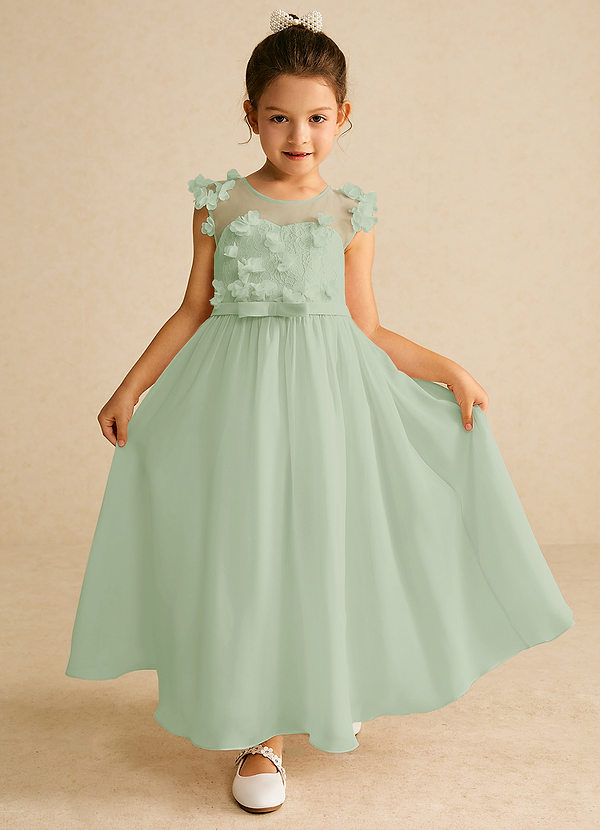 Azazie Arlo Blumenkinder Kleider A-Linie Schleifen Chiffon Kleid Staubiger Salbeigrün image1