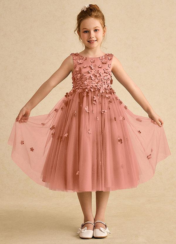 Azazie Lana Blumenkinder Kleider A-Linie ärmellos Matte Satin Kleid Mai Tai image1
