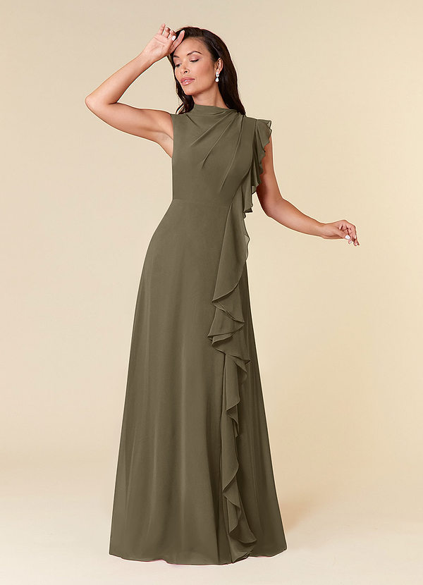 Azazie Narine Vestidos de Madre de la Novia Vestido de Verde Sauce de Gasa de Corte En A con Cuello alto plisado image1