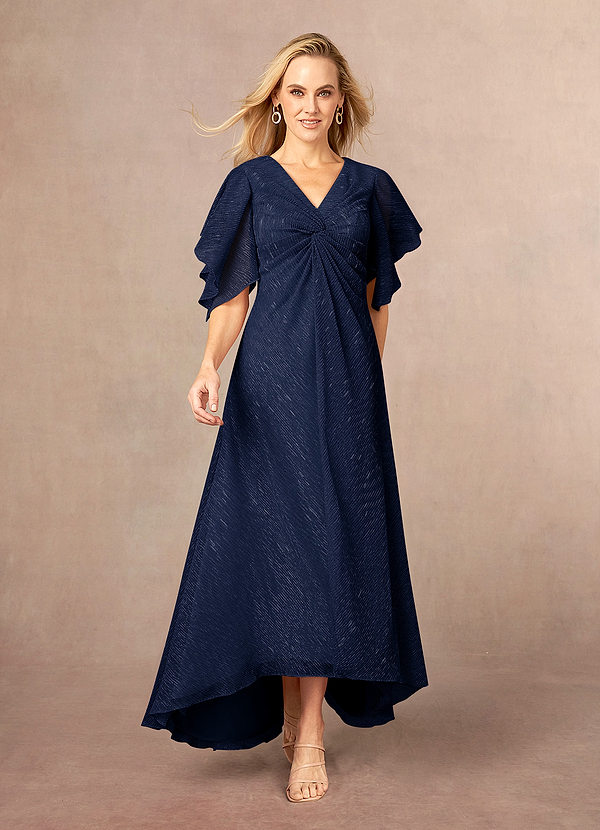 Azazie Mollina Vestidos de Madre de la Novia Vestido de Azul Marino Oscuro de Malla Metálica de Corte En A con Manga con volantes image1