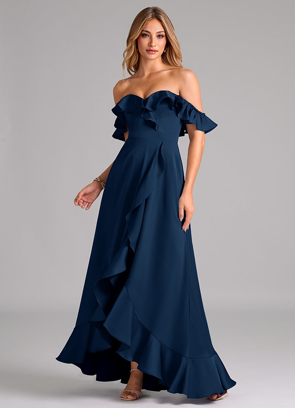 Azazie Lyra Brautjungfernkleider Wandelbar A-Linie Schulterfrei Stretch-Satin Kleid Dunkelmarine image1