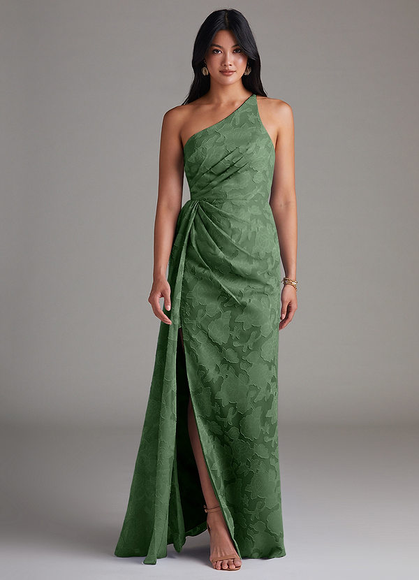 Azazie Mika Bridesmaid Dresses Eucalyptus Sheath One Shoulder Floral Burnout Dress image1