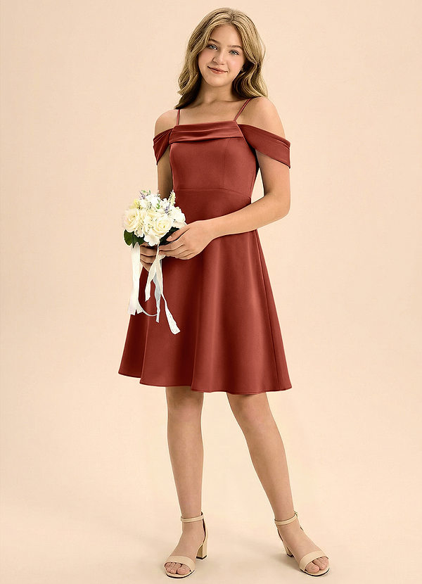 Azazie Anselie Junior Linia A Pofałdowany Satyna elastyczna Mini Młodsza druhna Sukienka image1