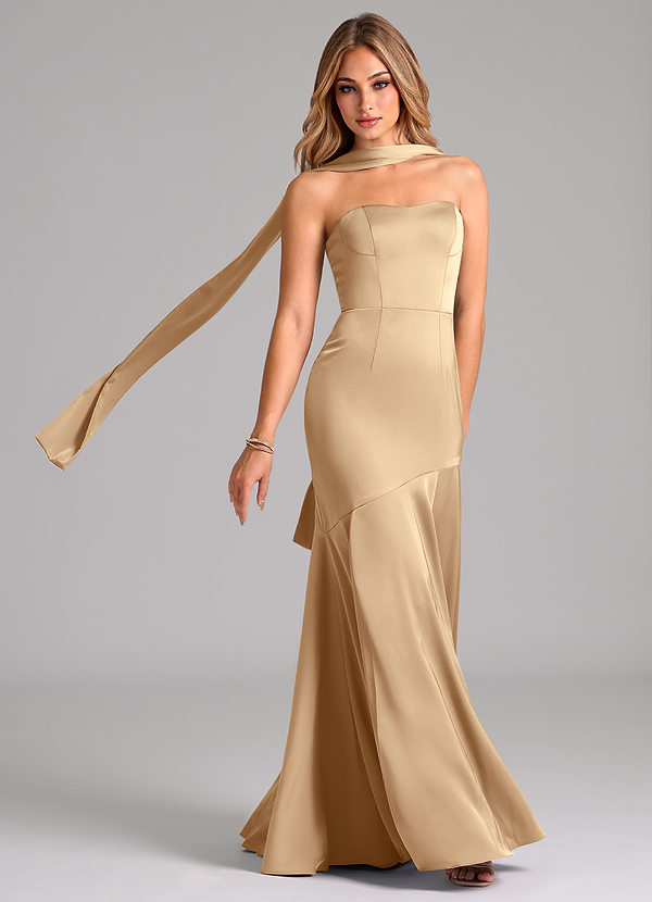 Azazie Shiloh Robes Demoiselle d'honneur Robe Sirène Convertible en Satin extensible Sans bretelle Champagne image1