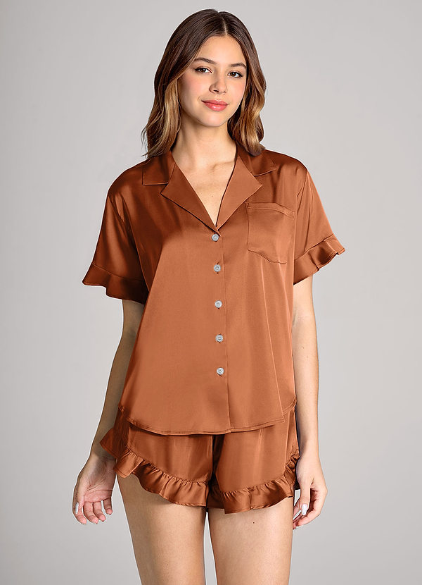 front Matching Color Ruffled Short Sleeve Pajama Set