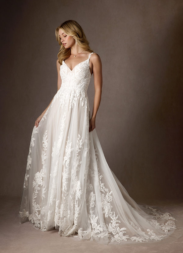 Azazie Delaina Wedding Dresses Diamond White Sand A-Line V-Neck Sequins Tulle Dress image1
