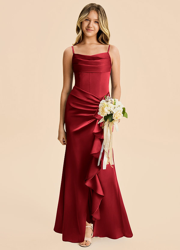 Azazie Rosalia Junior Scarlet Sheath Pleated Stretch Satin Dress image1