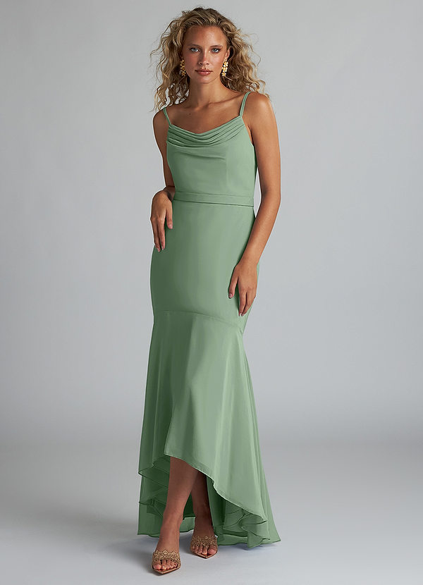 Azazie Summer Bridesmaid Dresses Matcha Mermaid Scoop Cowl Chiffon Dress image1