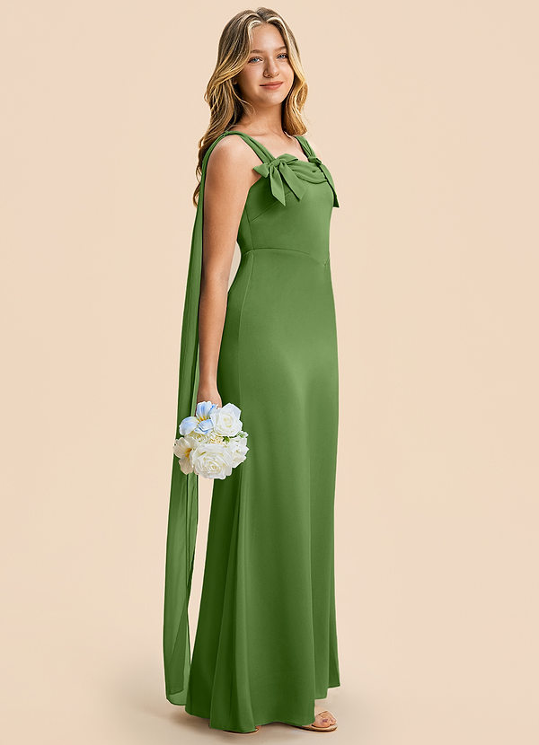 Azazie Chelsea Junior Basil Sheath Pleated Stretch Satin Dress image1