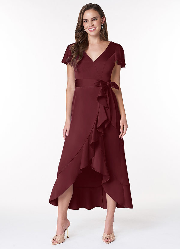 Azazie Lexis Bridesmaid Dresses A-Line Ruched Stretch Satin Asymmetrical Dress image1