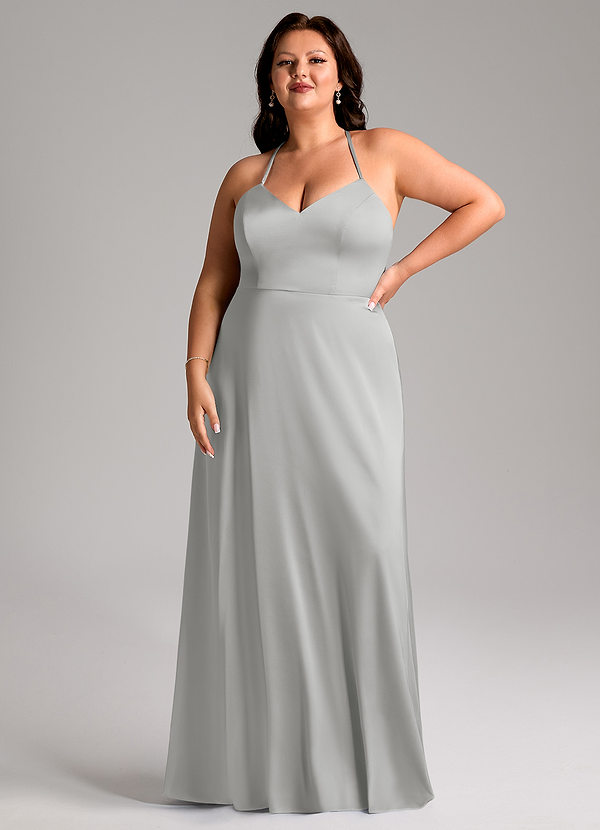 Azazie Mei Abiti da Damigella Abito A-Line in Raso Elasticizzato con Scollo a V Argento image1