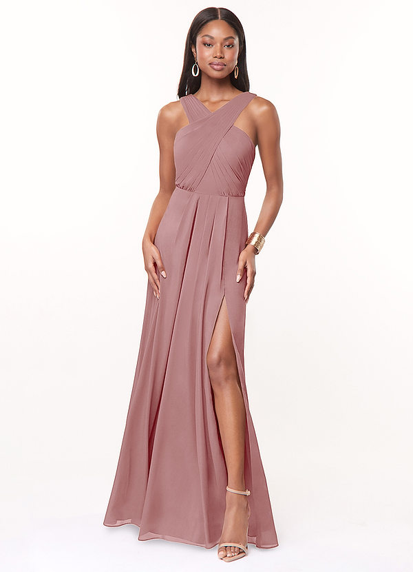 Azazie Brandie Abiti da Damigella Abito A-Line in Chiffon Elasticizzato Plissettato Rosa Polverosa image1