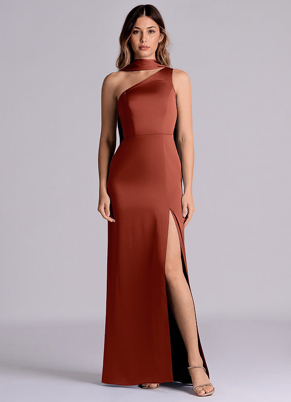 Azazie Philana Bridesmaid Dresses Terracotta A-Line One Shoulder Stretch Satin Dress image1