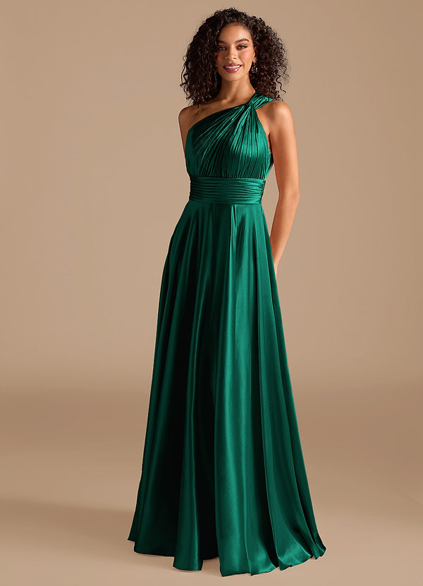 Azazie Charlize Bridesmaid Dresses Emerald A-Line One Shoulder Metallic Satin Dress image1