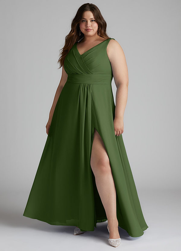 Azazie Karina Bridesmaid Dresses Olive A-Line Pleated Chiffon Dress image1