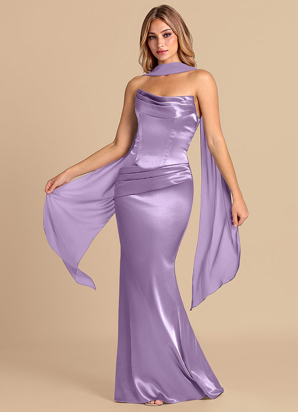 Azazie Sorrel 신부 들러리 드레스 인어 코르셋 메탈릭 새틴 바닥 길이 드레스 image1