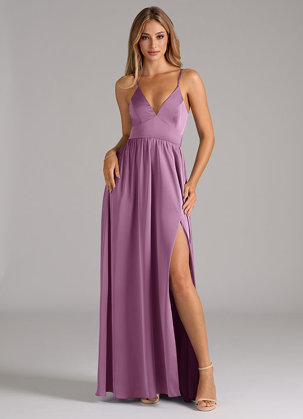 Azazie Aaida Bridesmaid Dresses Wisteria A-Line Corset Stretch Satin Dress image1