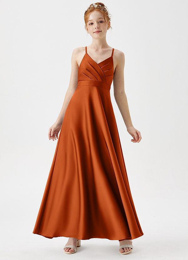 Azazie Avelina Junior Burnt Orange A-Line Pleated Stretch Satin Dress image1