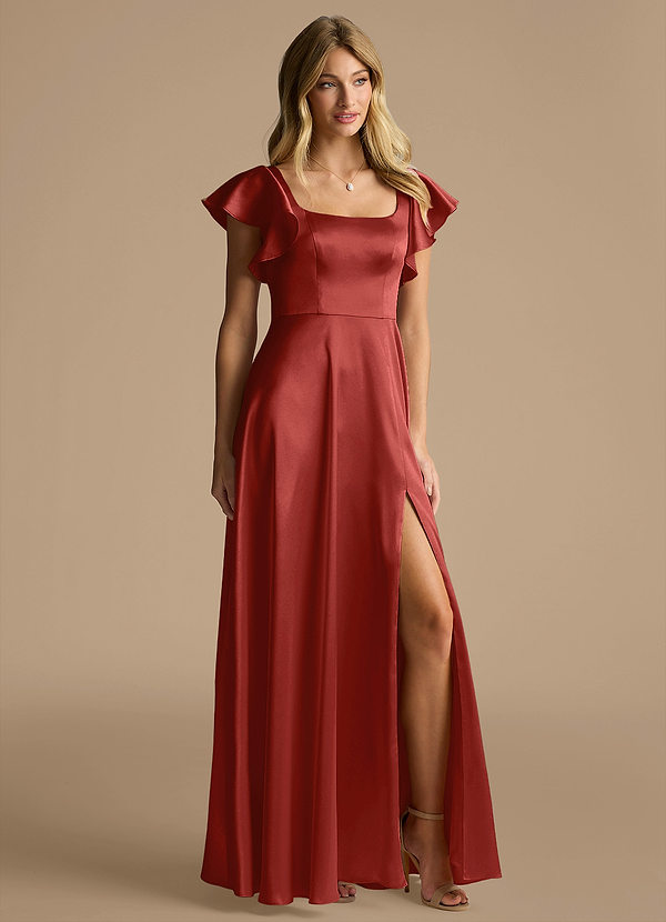 Azazie Bondi Suknie dla druhen Linia A Ukłon Metaliczny satynowy Do ziemi Sukienka image1