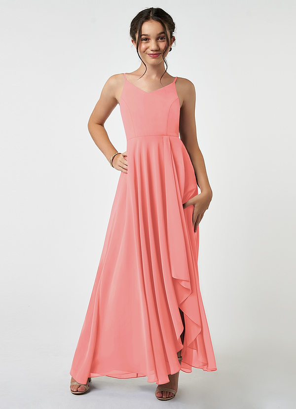 Azazie Collette Junior Coral A-Line Ruched Chiffon Dress image1