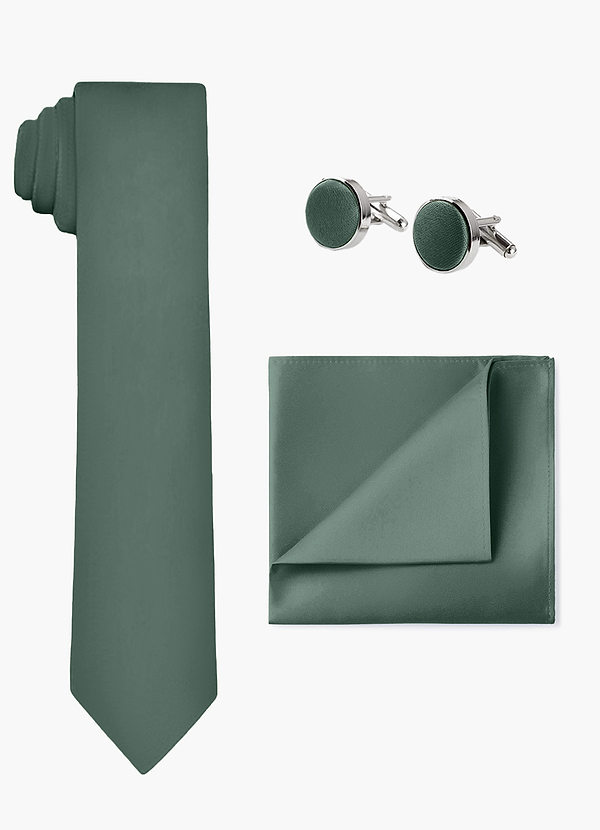 front Conjunto a juego de corbata ancha de satén elástico, pañuelo de bolsillo y gemelos.