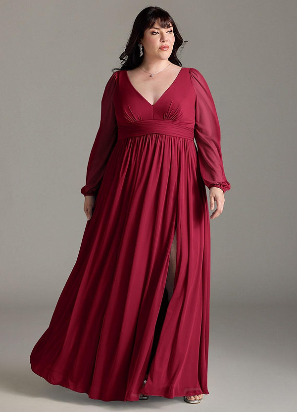 Azazie Norah Bridesmaid Dresses Burgundy A-Line V-Neck Long Sleeve Chiffon Dress image1