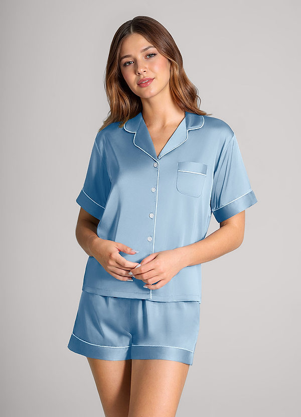 front Matching Color Satin Contrast Piping Pajama Set