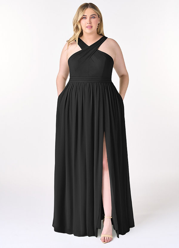 Azazie Elvira Bridesmaid Dresses Black A-Line Pleated Chiffon Dress image1