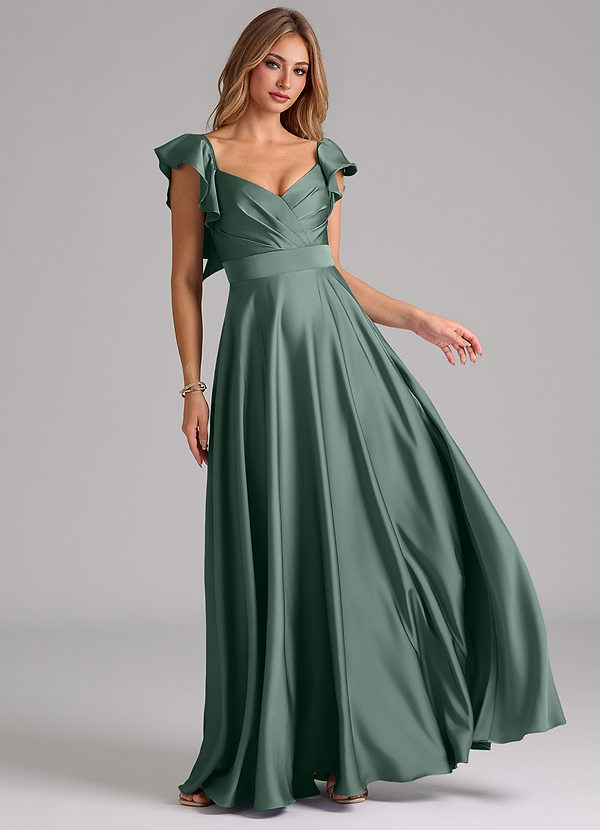 Azazie Leilani Bridesmaid Dresses Sea Moss A-Line Ruched Stretch Satin Dress image1