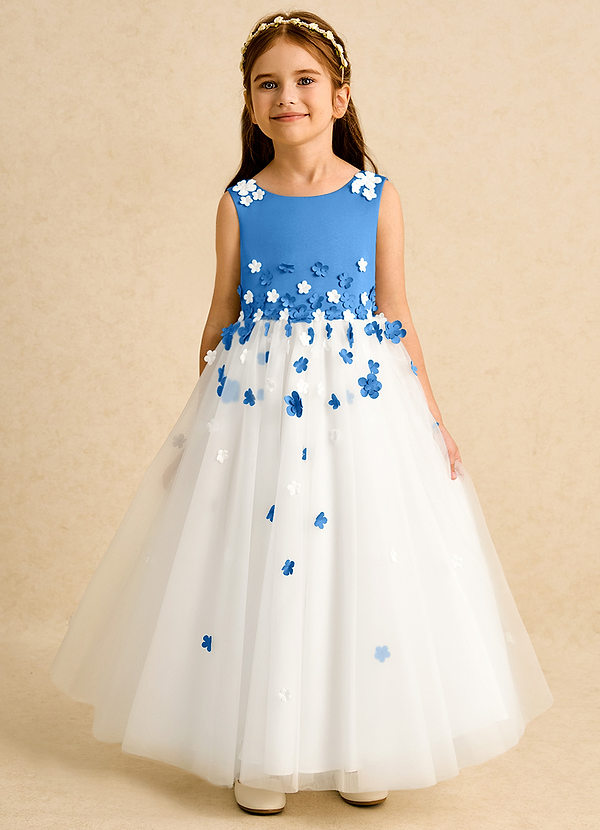 Azazie Eleni Blumenkinder Kleider Ballkleid Schleifen Tüll Kleid Elfenbein Blauhäher image1