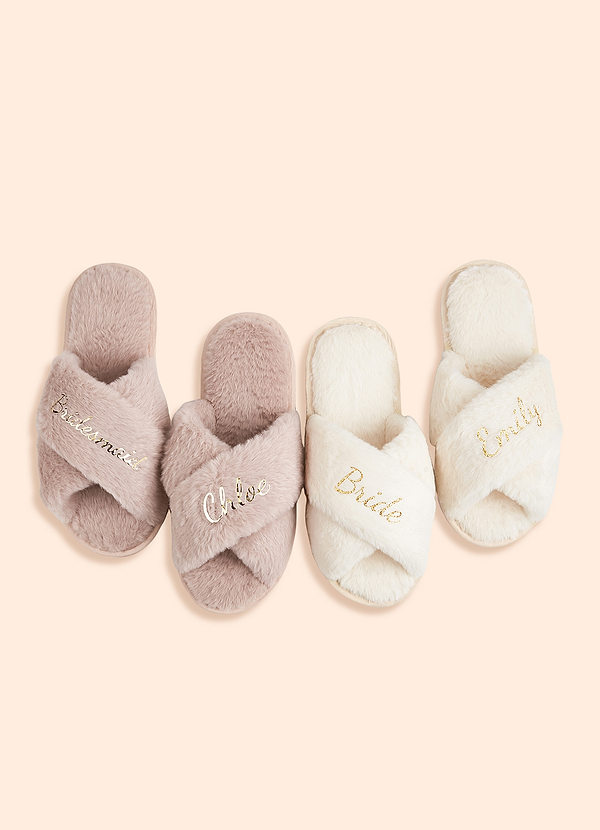 front Personalized Bridesmaid Fluffy Cross Slippers