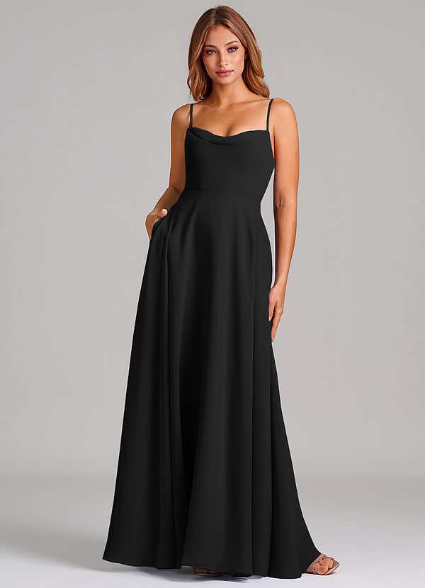 Azazie Elle Robes Demoiselle d'honneur Robe Trapèze en Mousseline de soie Plissée Noir image1