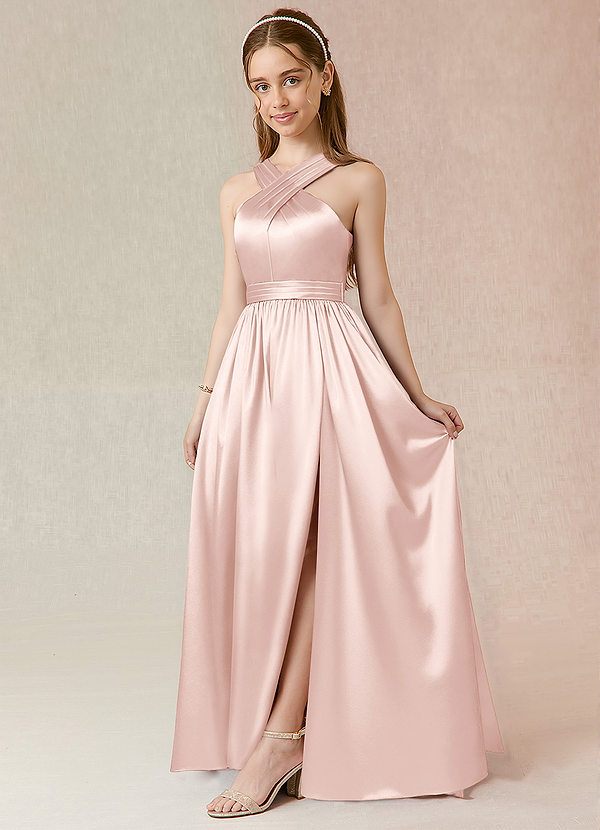 Azazie Jiya Junior Robe Trapèze en Satiné métallisé Plissée Rose Pâle image1