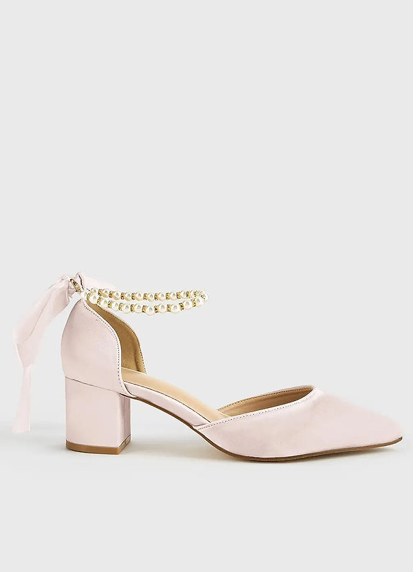 front Matching Color Matte Satin Pearl and Bow Pointed Toe Block Heels