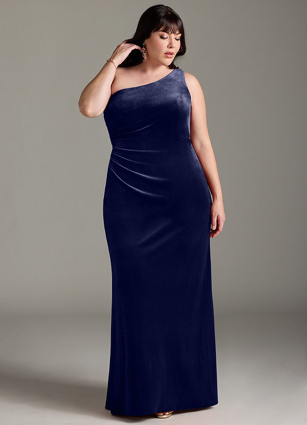 Azazie Argan Bridesmaid Dresses Dark Navy A-Line One Shoulder Pleated Velvet Dress image1