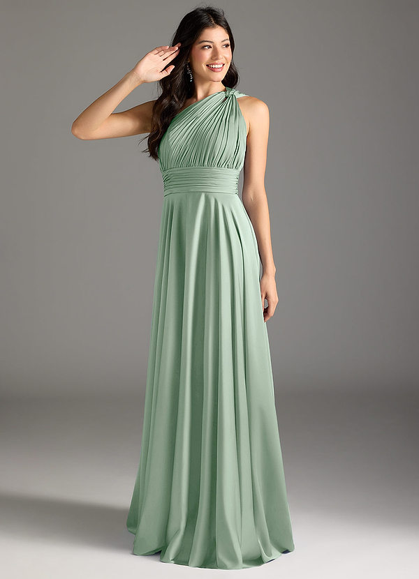 Azazie Charlize Bridesmaid Dresses Agave A-Line One Shoulder Stretch Satin Dress image1